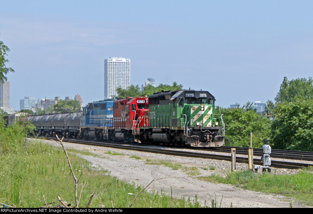A multicolored EMD lashup powers CP train 282 today